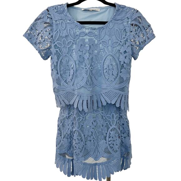 Lovers + Friends Crochet Lace Matching Set Cropped Top w/ Skirt Light Blue | XS - Picture 1 of 12